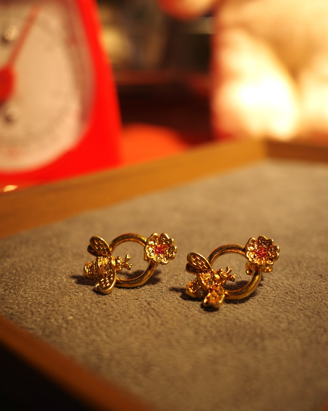 AVON Bee Earrings with pink flower stone