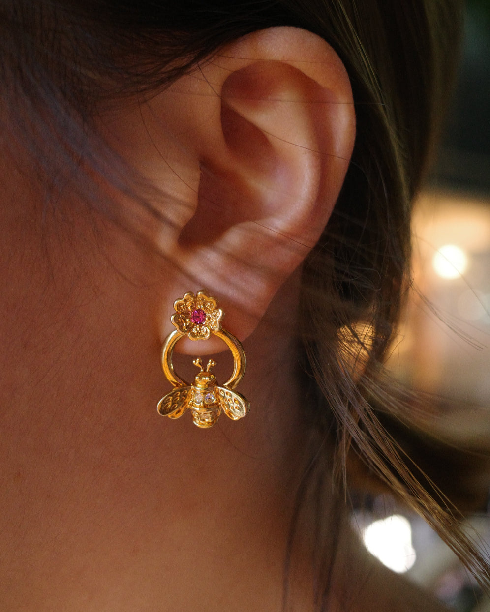 AVON Bee Earrings with pink flower stone