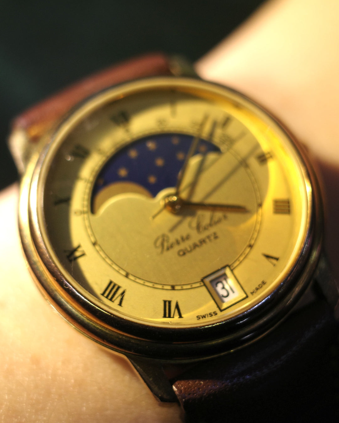 Vintage Pierre Colier sunmoonphase gold tone watch swiss made Roman numerals