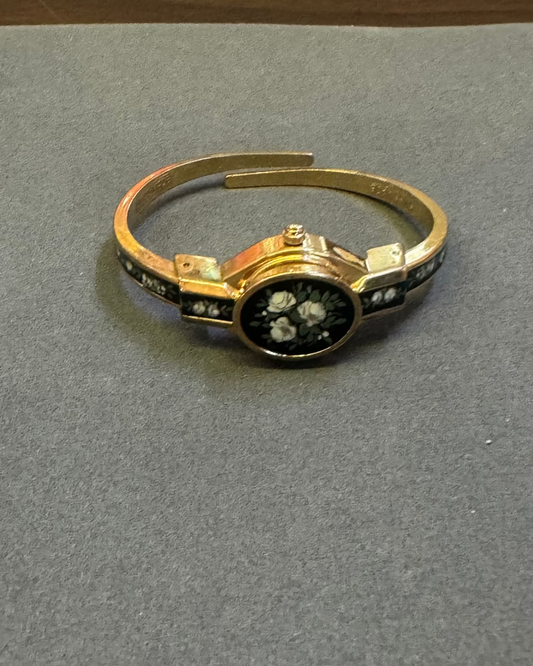 Vintage André Mouche Black flora bangle watch swiss made