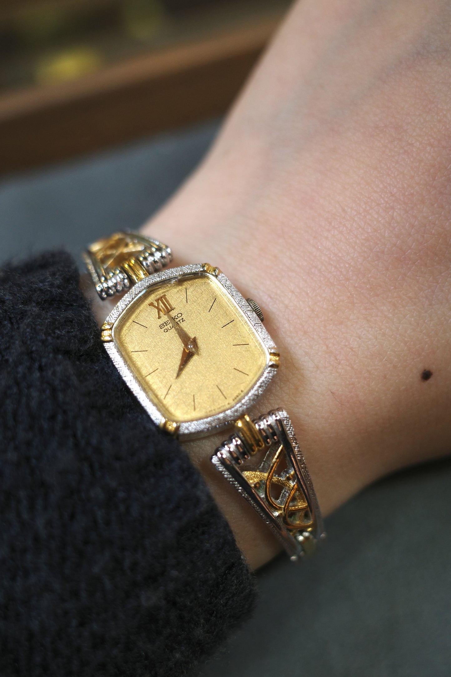 Vintage Seiko Two-tone hexagon Dial Quartz Watch, Hollow Design