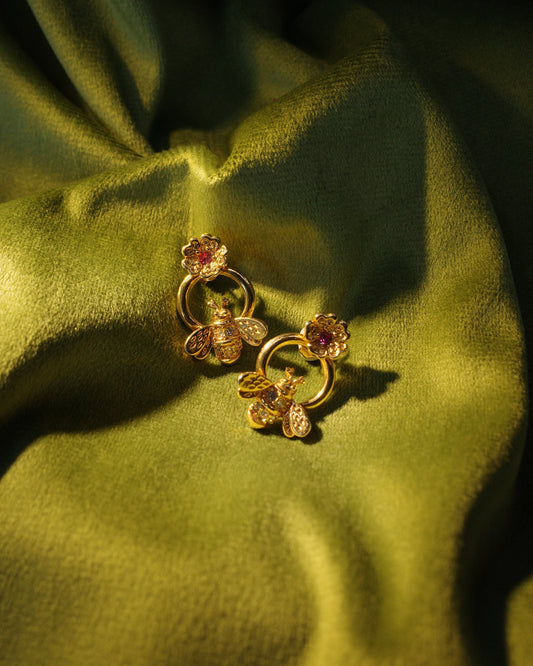 AVON Bee Earrings with pink flower stone