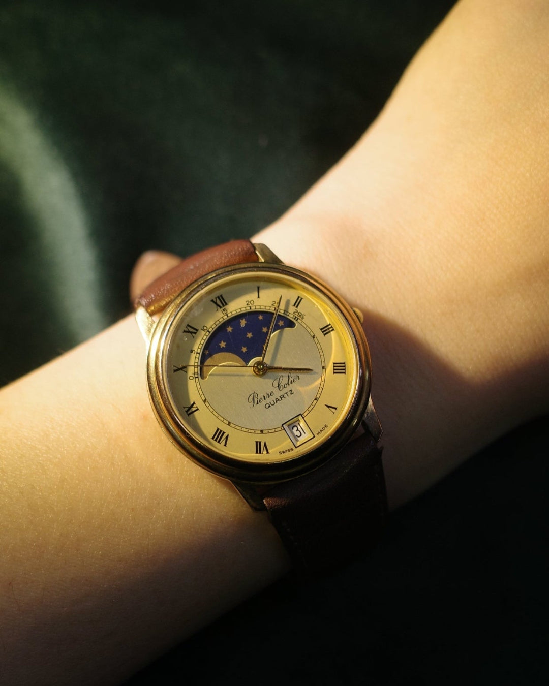 Vintage Pierre Colier sunmoonphase gold tone watch swiss made Roman numerals