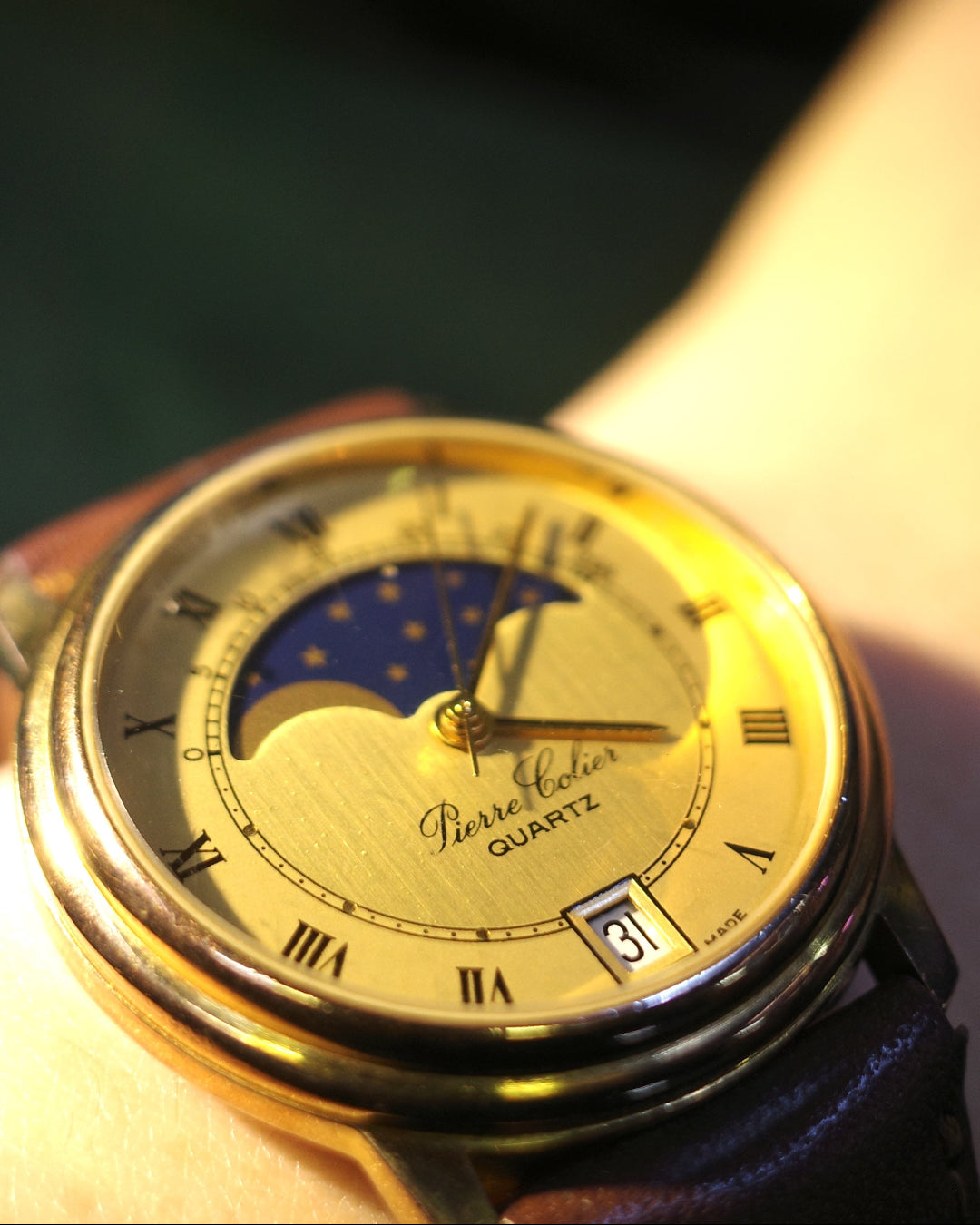 Vintage Pierre Colier sunmoonphase gold tone watch swiss made Roman numerals