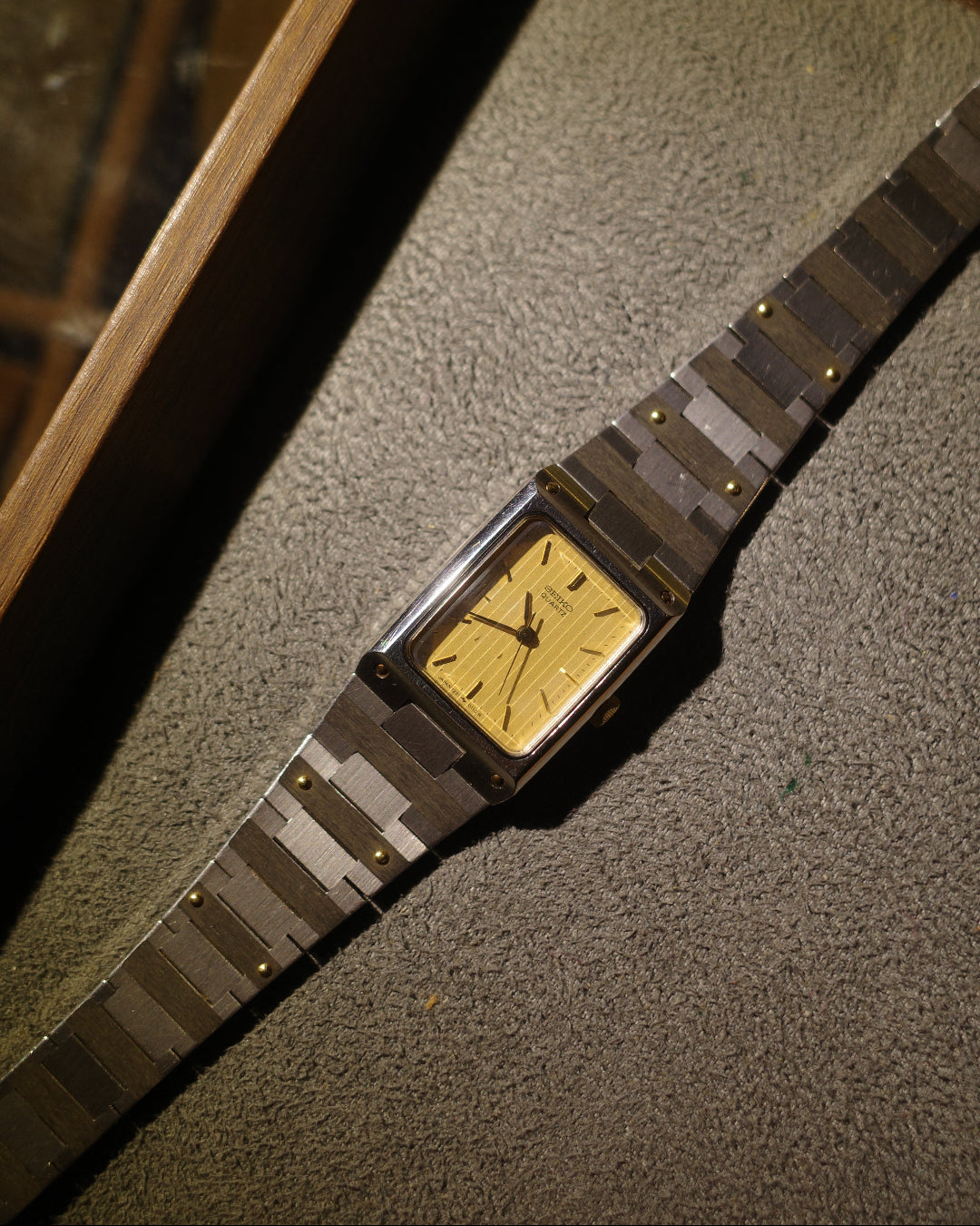 1982 Seiko square silver tank yellow face quartz watch