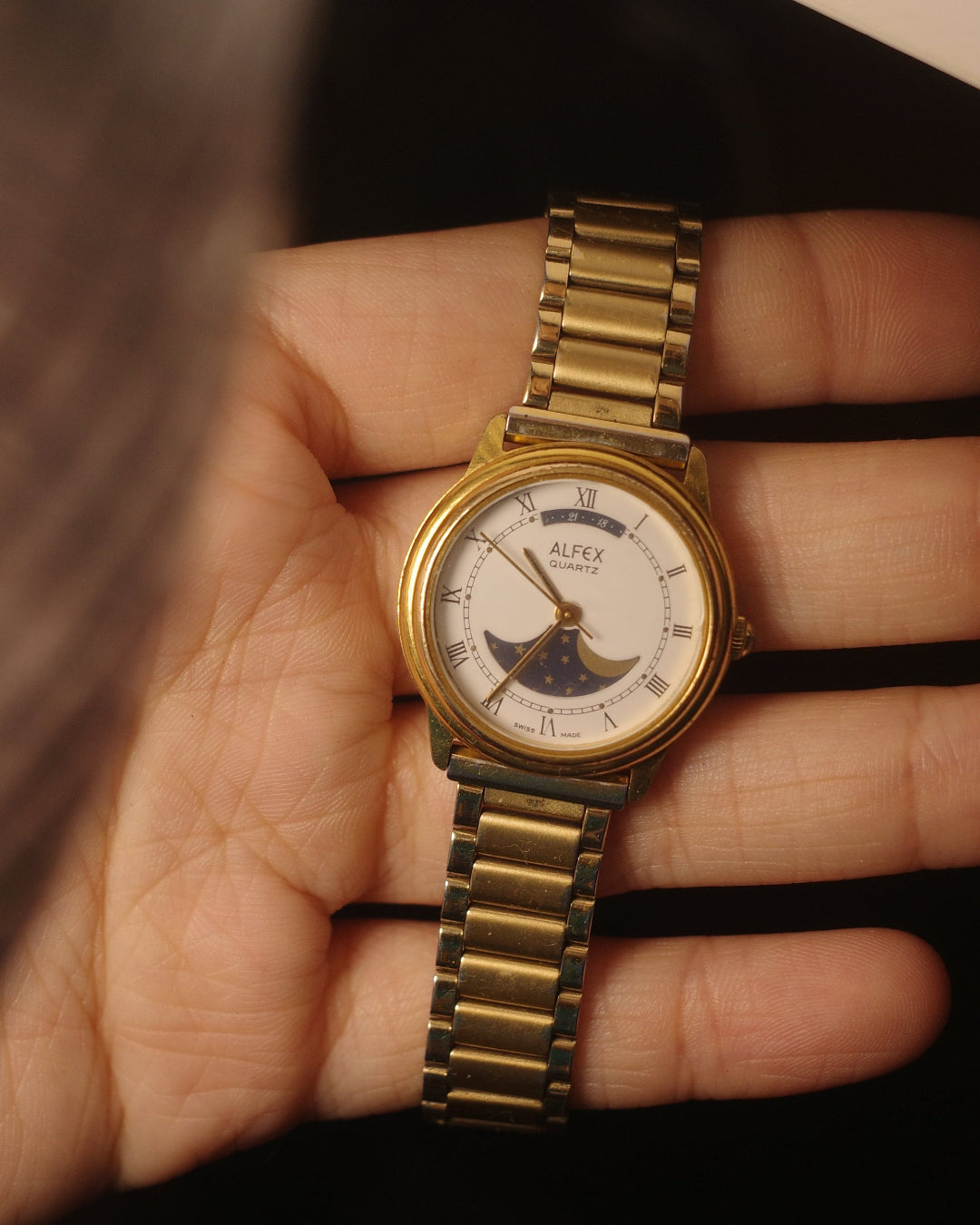 1980 Alfex Quartz Moon Phase special date dial Roman number quartz watch