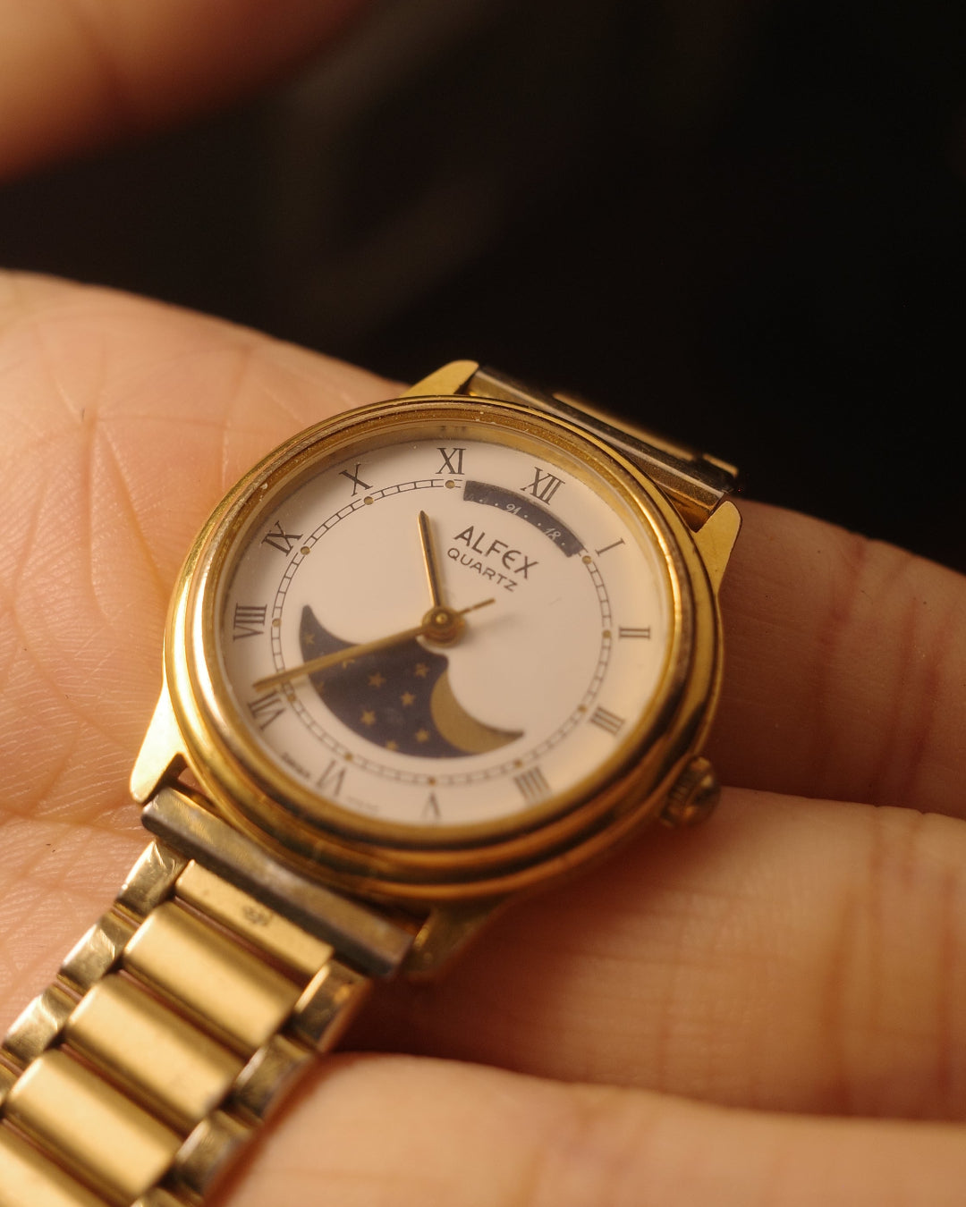 1980 Alfex Quartz Moon Phase special date dial Roman number quartz watch