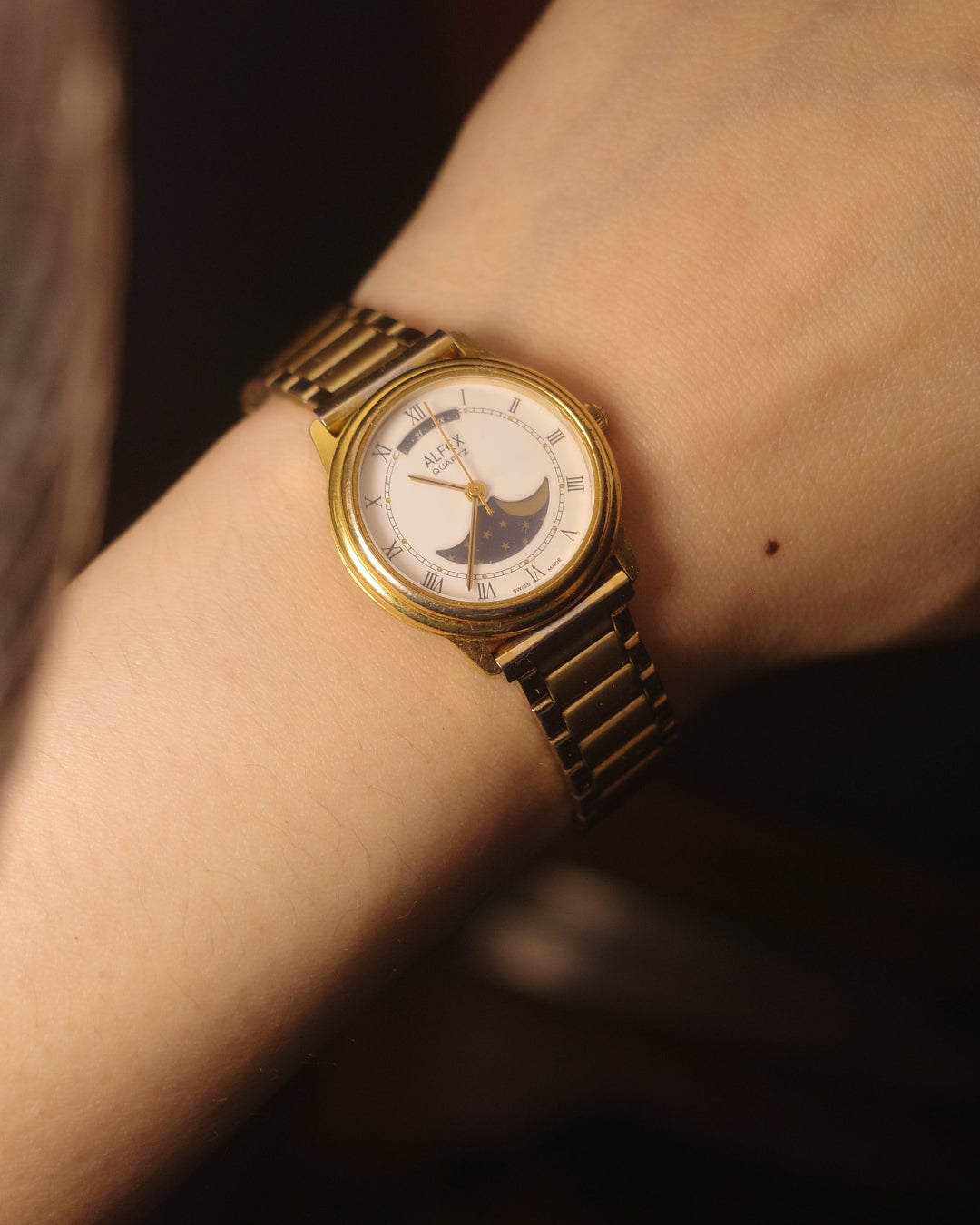 1980 Alfex Quartz Moon Phase special date dial Roman number quartz watch