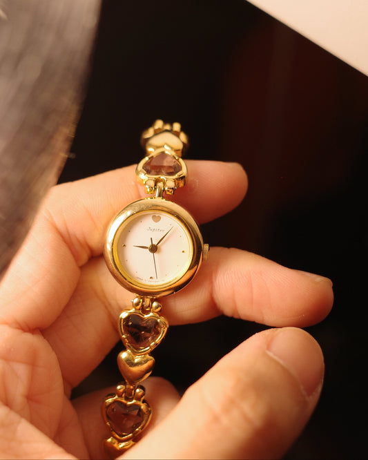 1990 orient jupiter heart shape pink rhinestone quartz watch