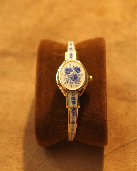 【 Swiss Made 】1990 Andre Mouche blue rose white bangle watch