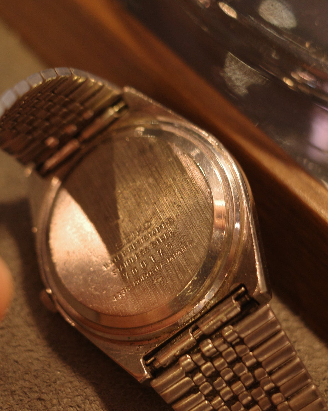 1977 Seiko type ii brown dial wood grain pattern cut glass quartz watch 4336-8060