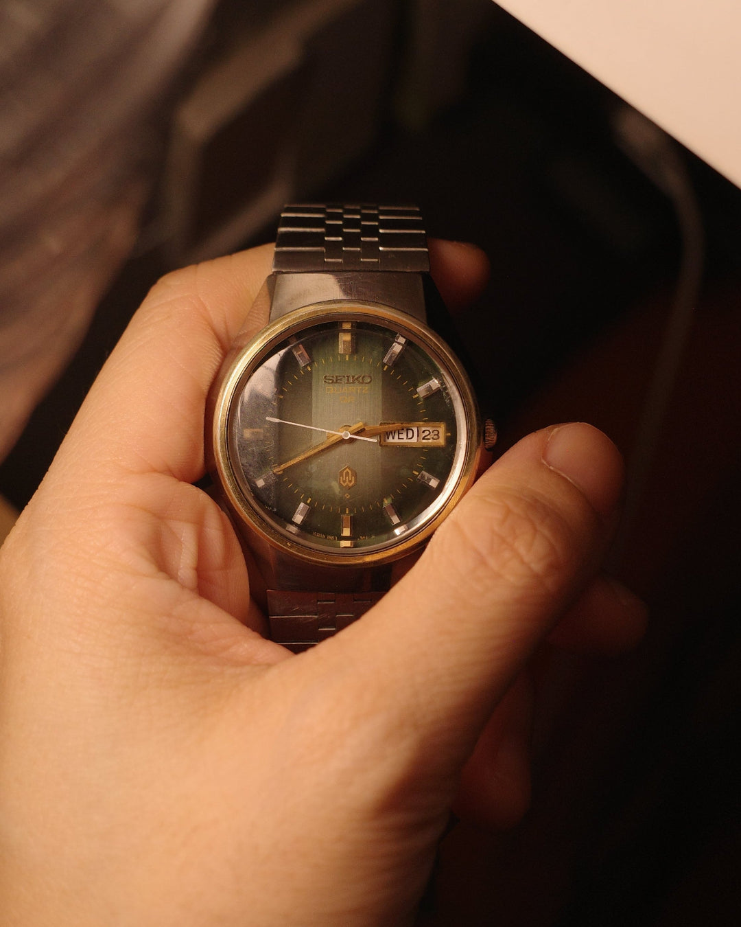 1970 seiko qr green dial pop glass quartz watch