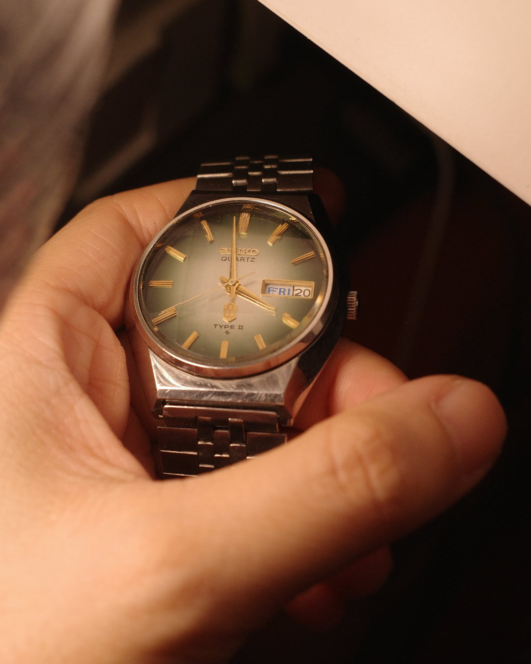 1976 Seiko cut glass green dial quartz watch 0903-8140