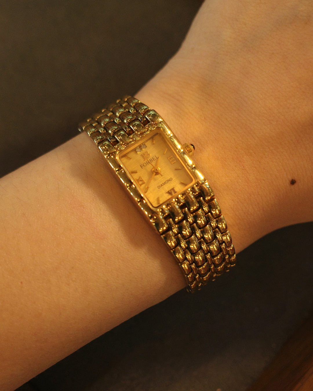 1990 forbel gold tone diamond square quartz watch
