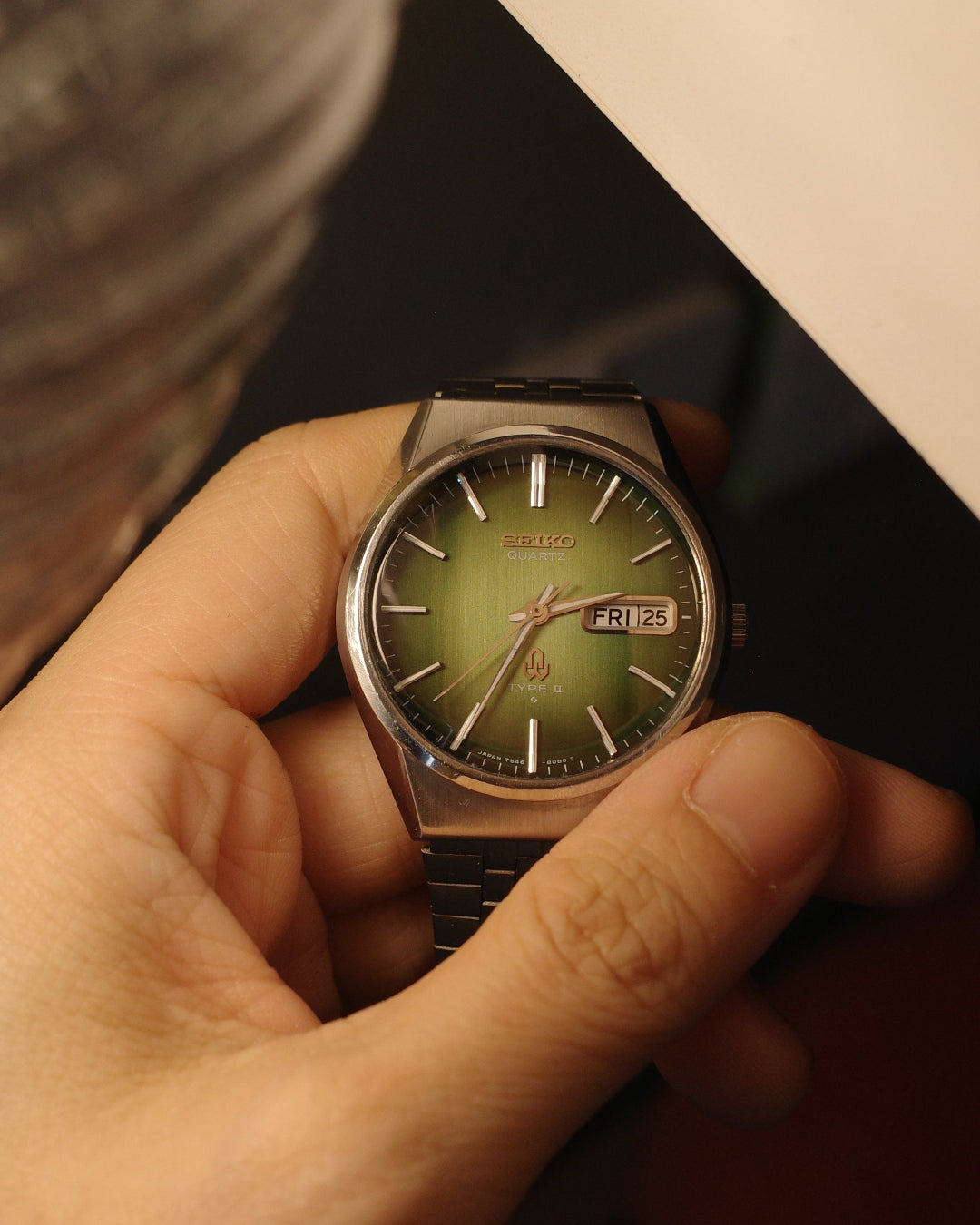 【 NOS】1977 Seiko type ii green dial cut glass quartz watch 7546-8070