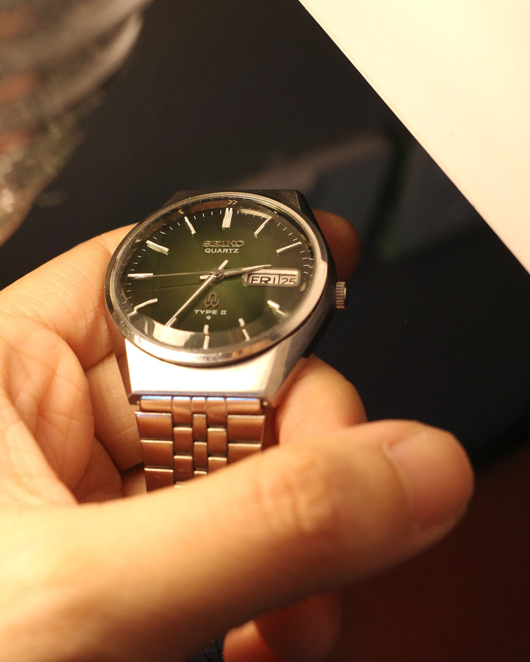 【 NOS】1977 Seiko type ii green dial cut glass quartz watch 7546-8070