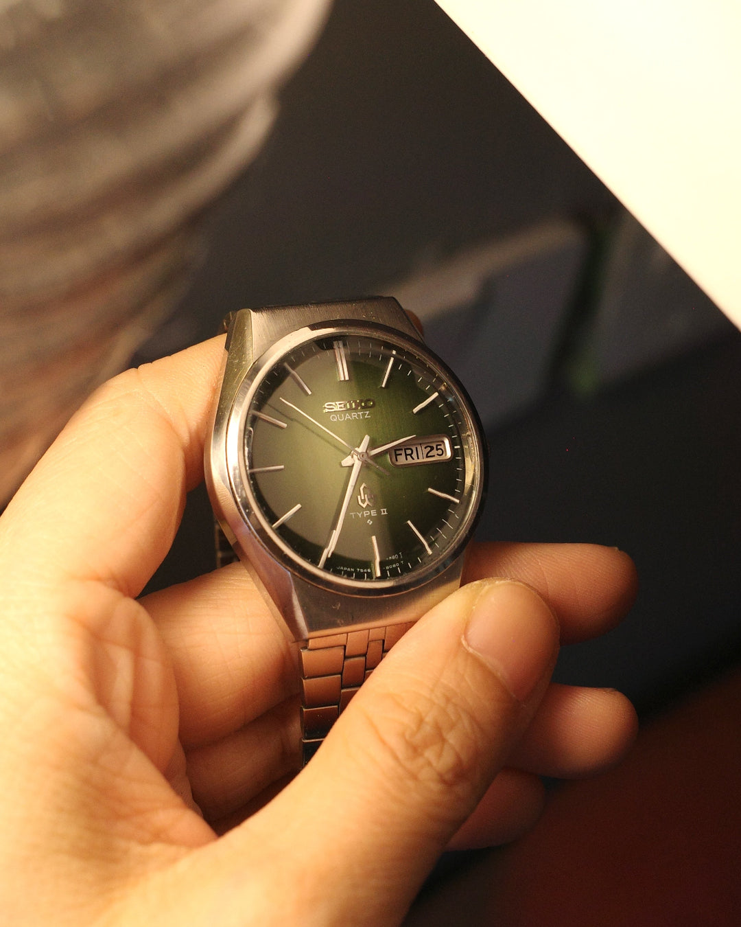 【 NOS】1977 Seiko type ii green dial cut glass quartz watch 7546-8070