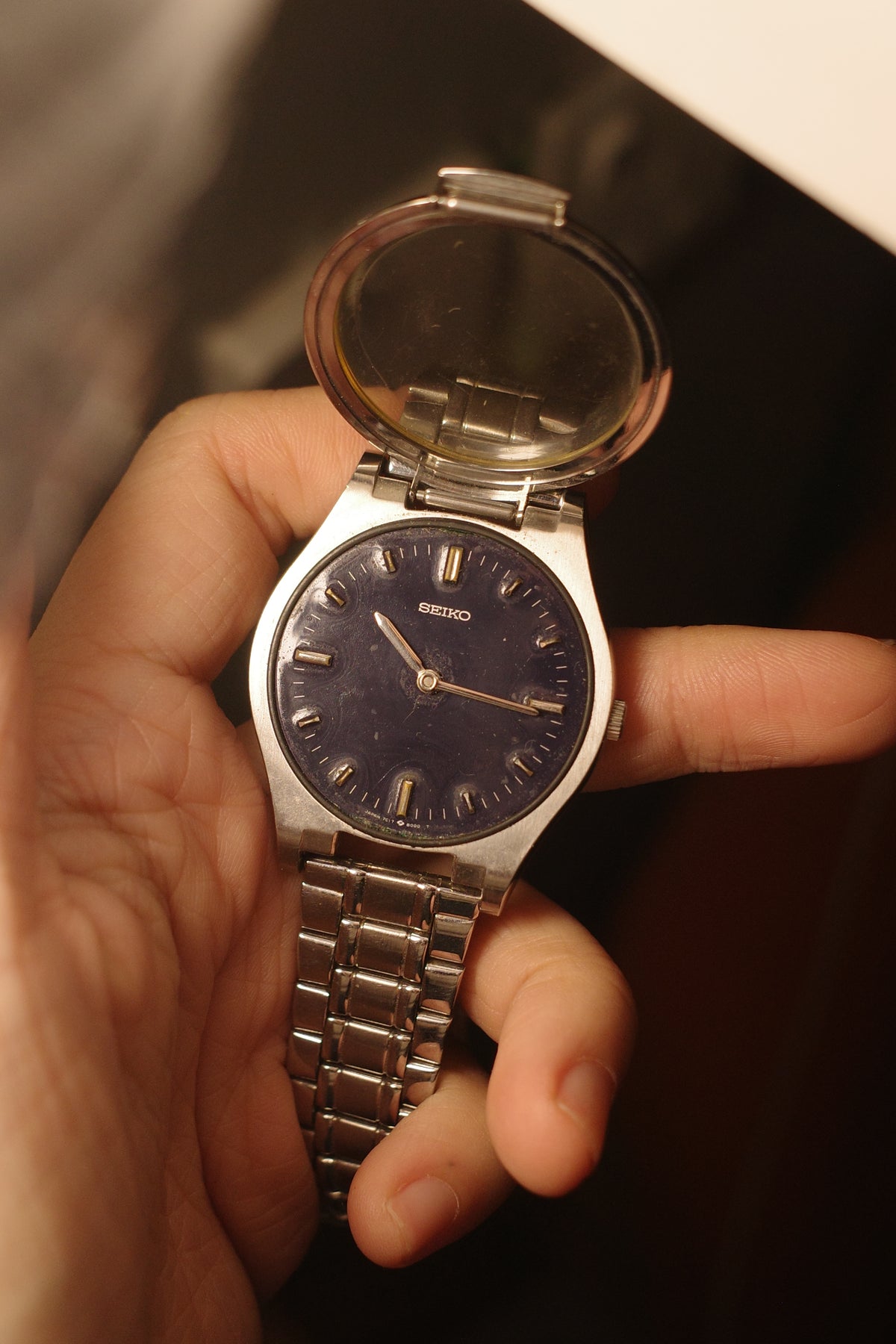 1986 Seiko Blind Braille blue dial quartz watch 7C17-8000