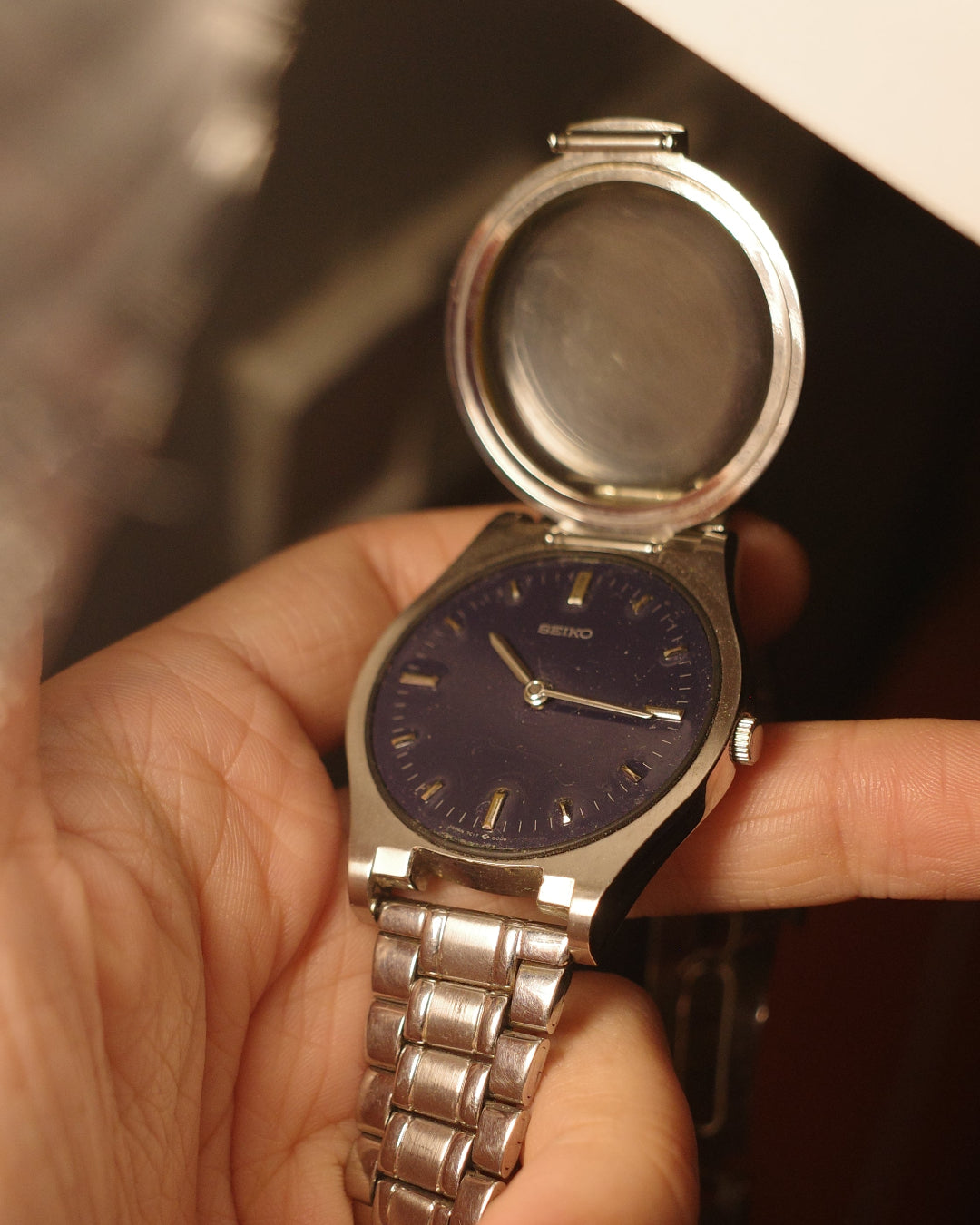 1986 Seiko Blind Braille blue dial quartz watch 7C17-8000
