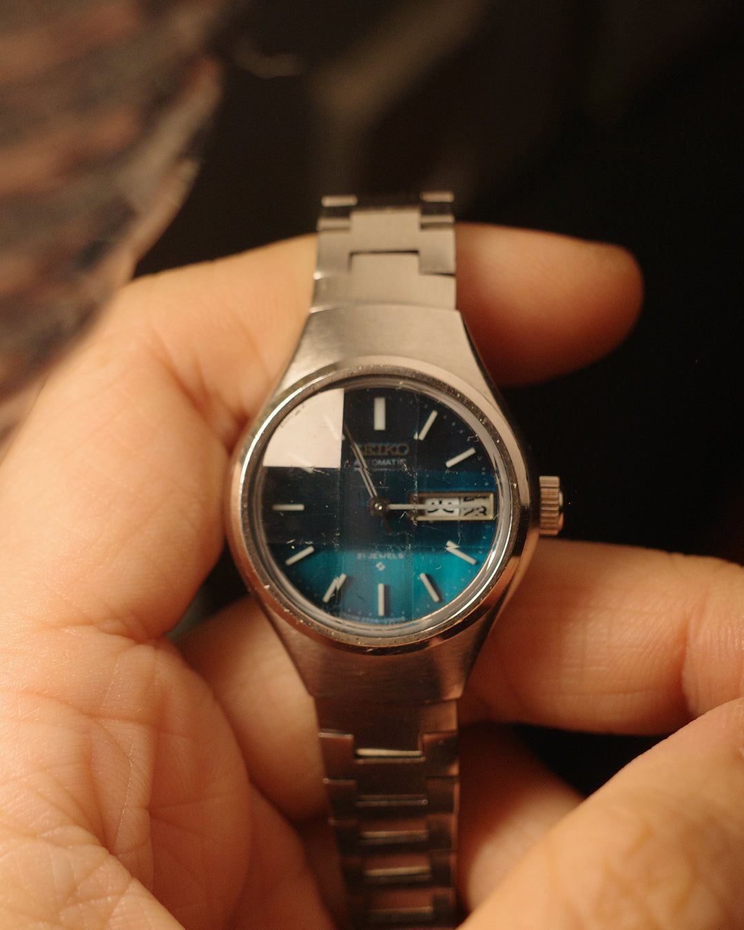 1973 Seiko blue cut glass ladies size automatic watch 2706-024c