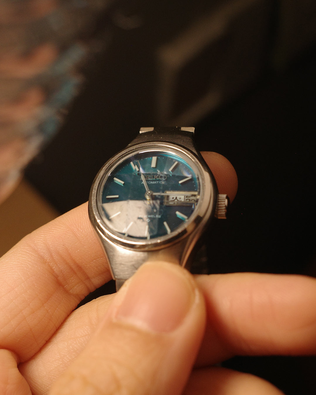 1973 Seiko blue cut glass ladies size automatic watch 2706-024c