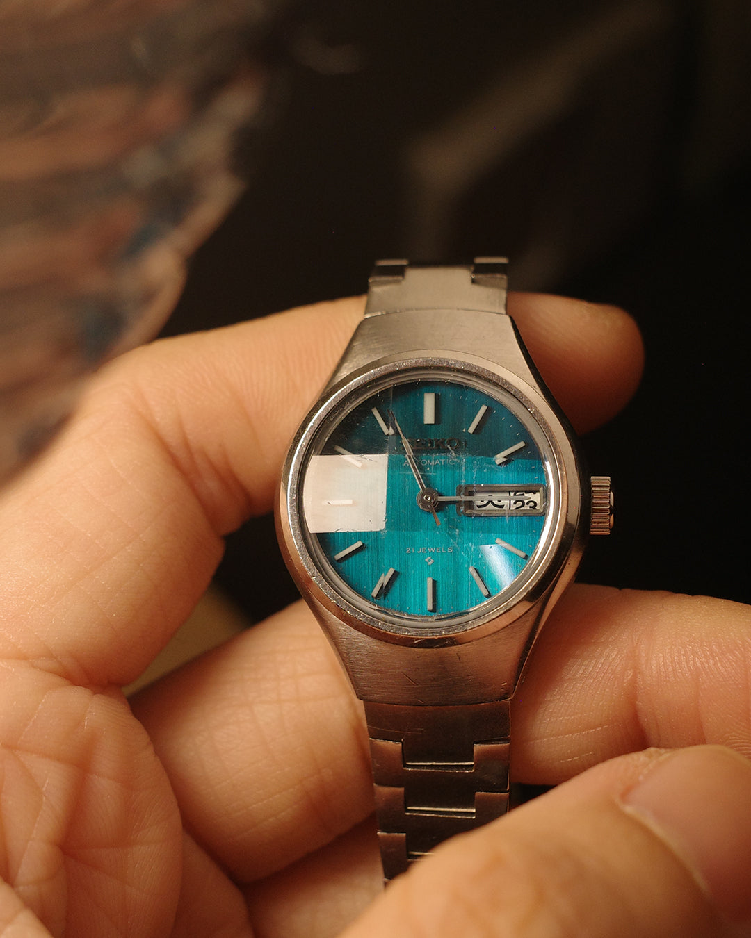 1973 Seiko blue cut glass ladies size automatic watch 2706-024c