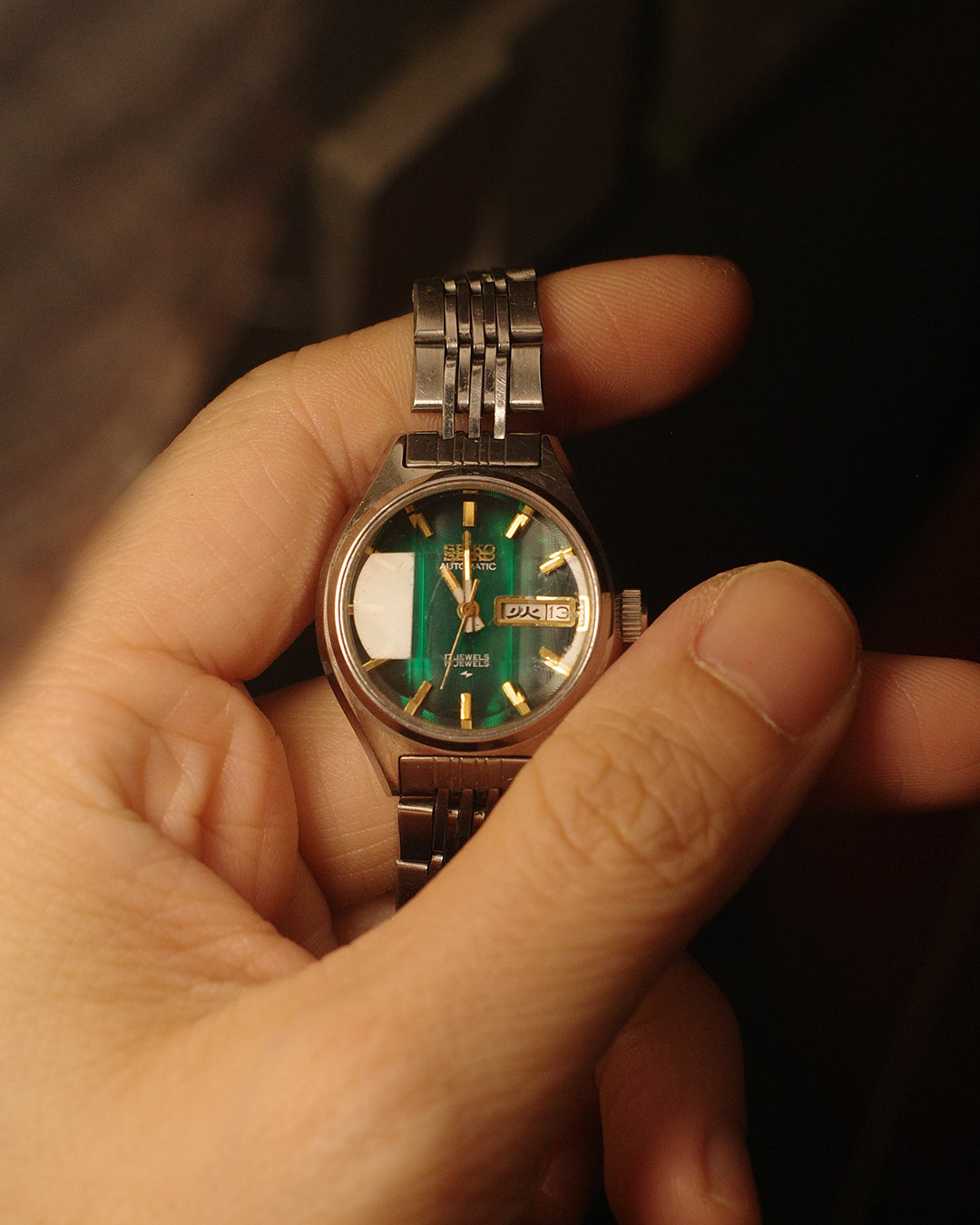 1974 Seiko green cut glass ladies size automatic watch 2206-0490