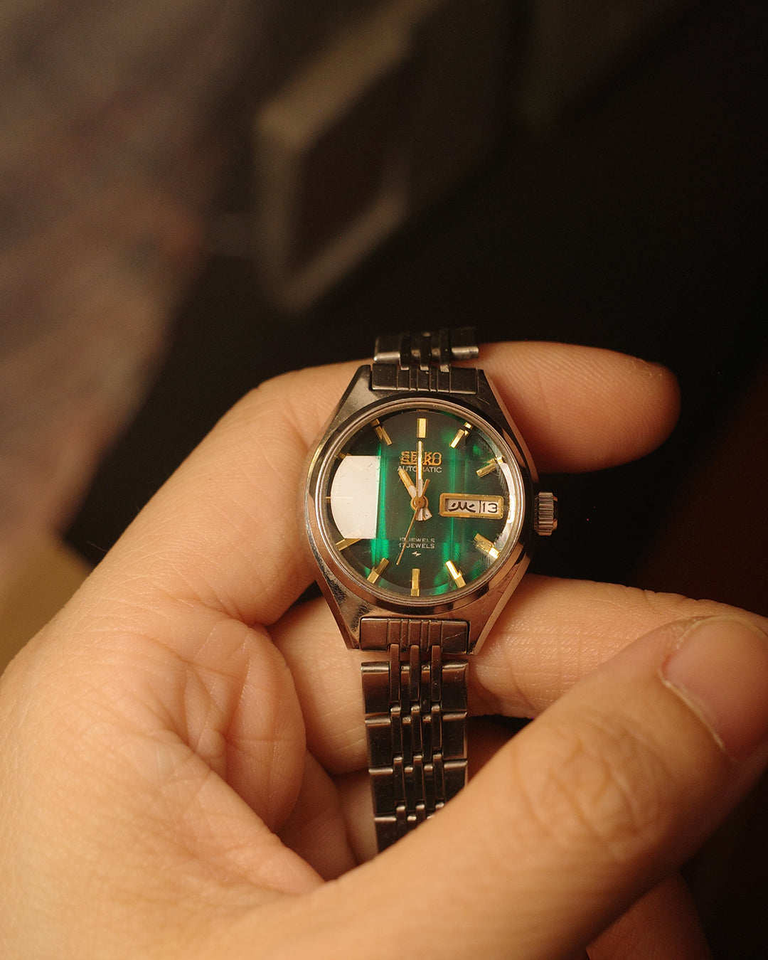 1974 Seiko green cut glass ladies size automatic watch 2206-0490