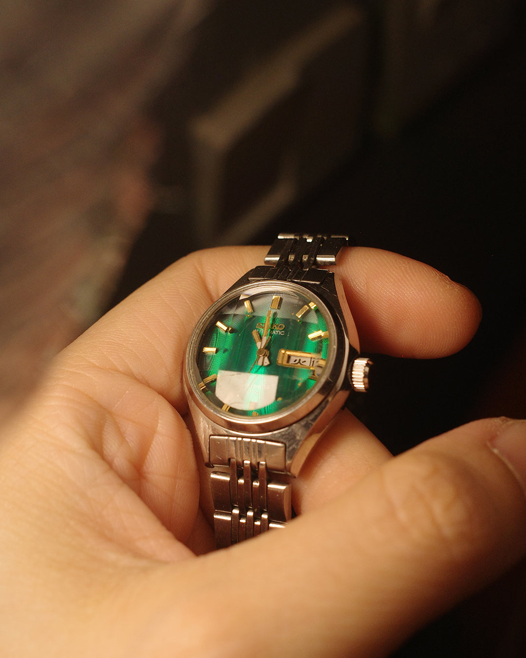 1974 Seiko green cut glass ladies size automatic watch 2206-0490