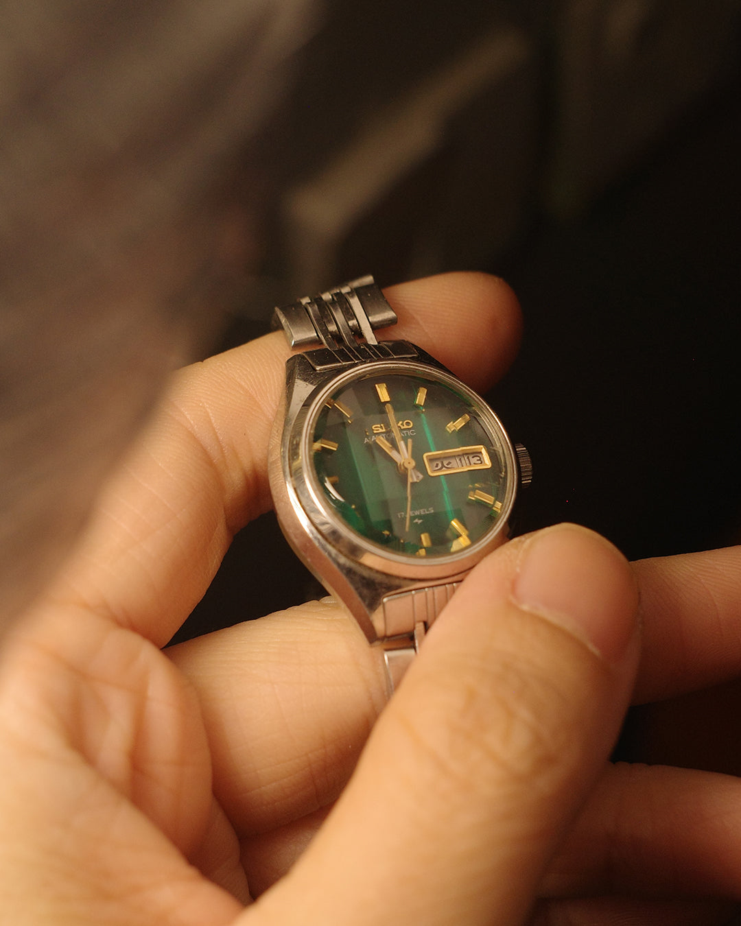 1974 Seiko green cut glass ladies size automatic watch 2206-0490