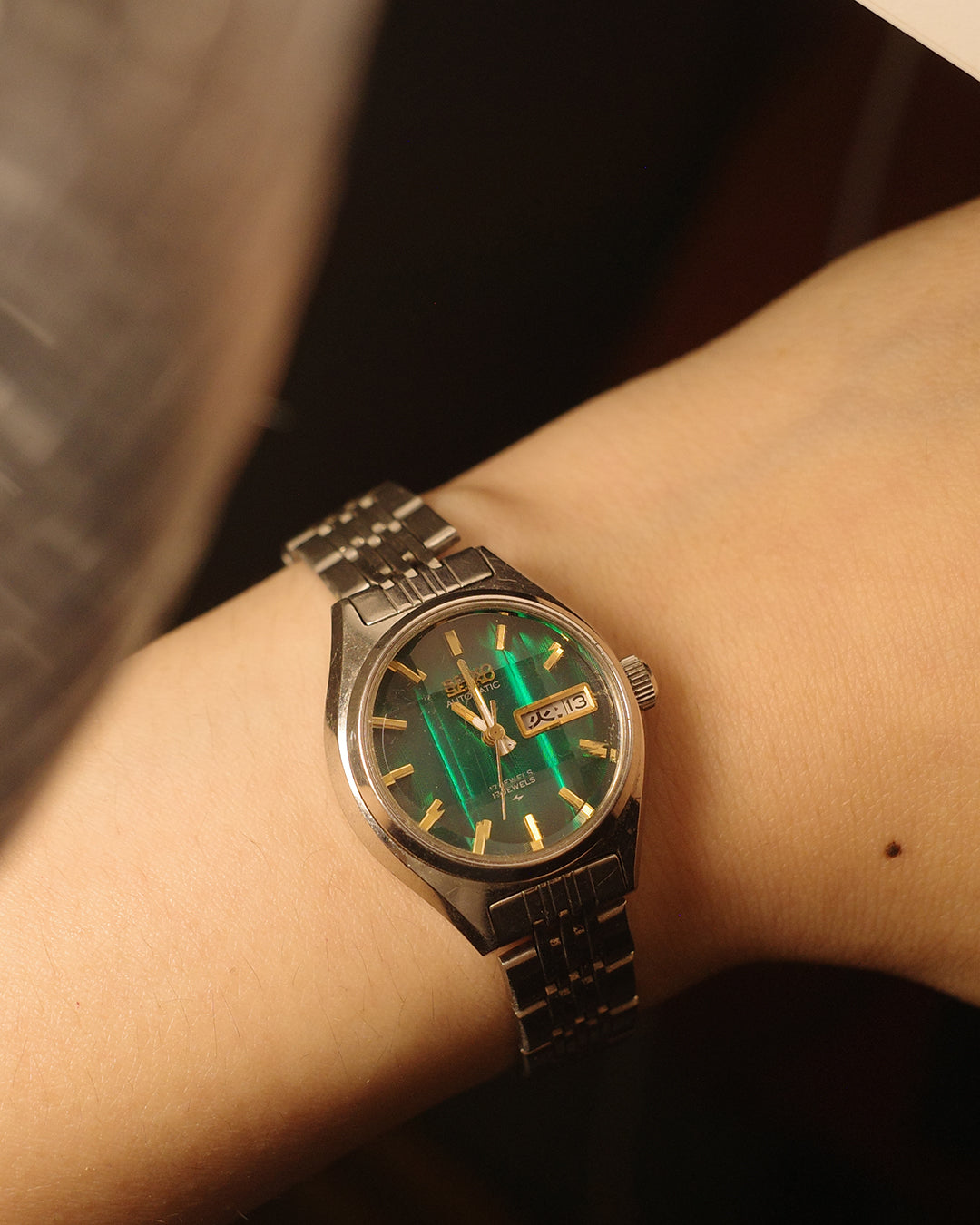 1974 Seiko green cut glass ladies size automatic watch 2206-0490