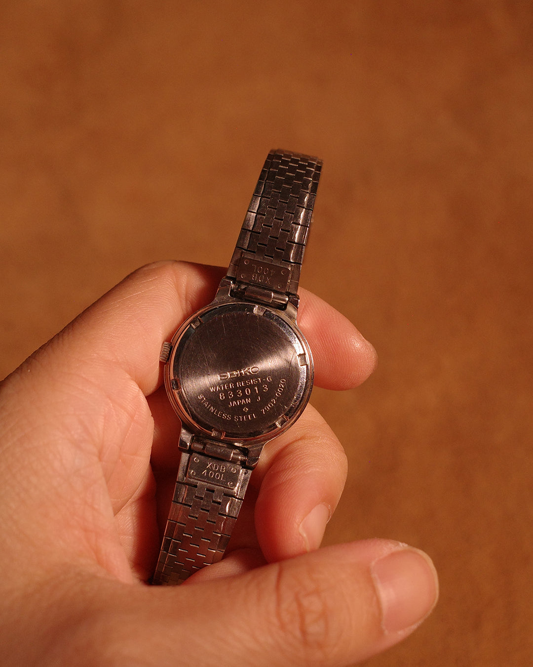 1988 Seiko silver tone ladies size Tropical Dial quartz watch 7902-0020
