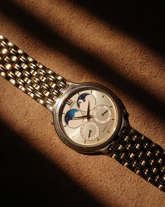 1989 Seiko full calendar gold tone sun moonphase watch 7f18-8a00