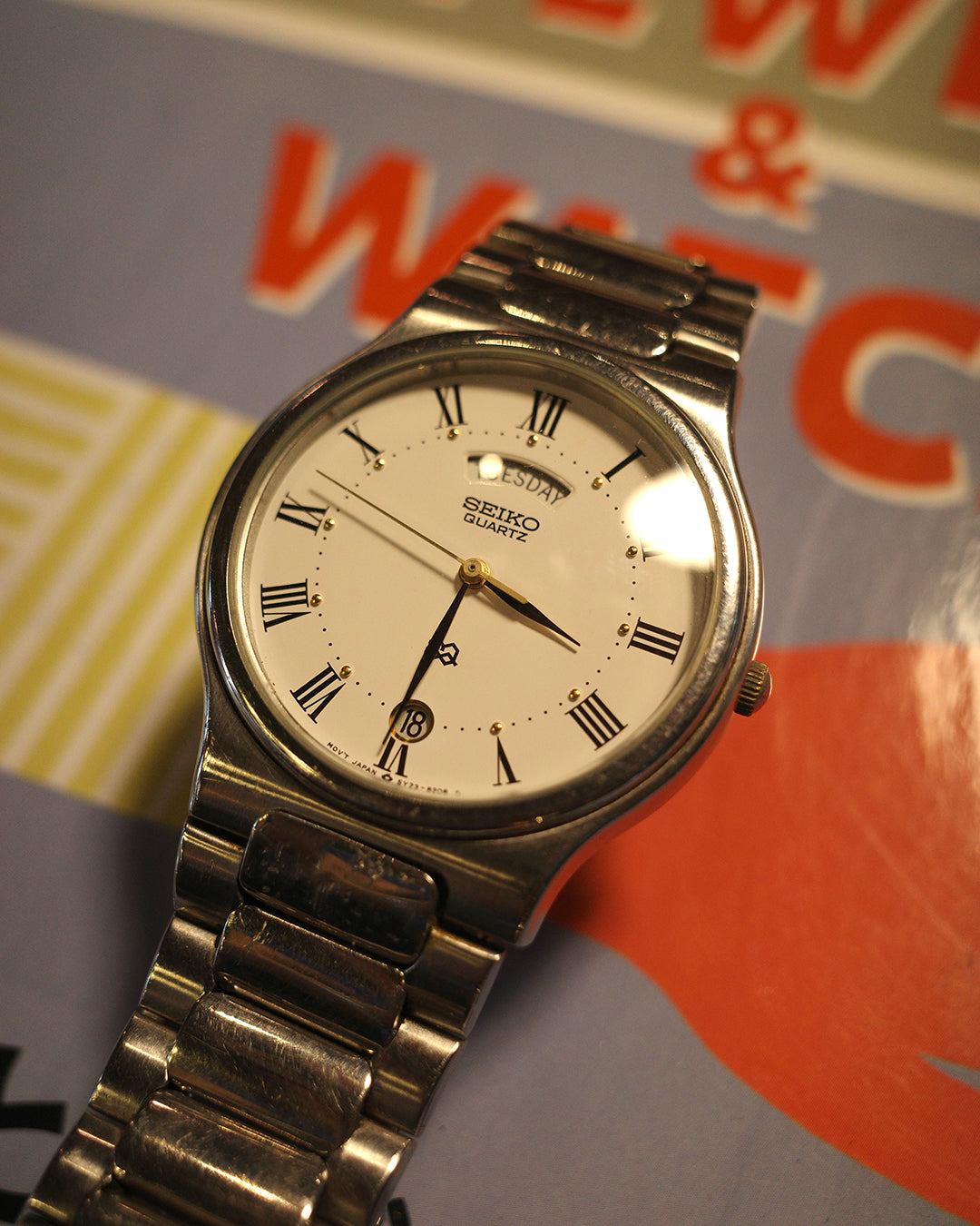 1989 Seiko SQ Date day round dial silver quartz watch 5y23-8160