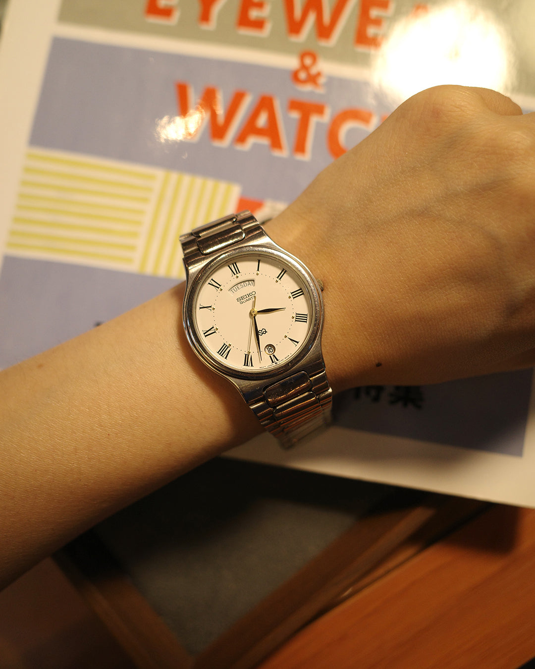 1989 Seiko SQ Date day round dial silver quartz watch 5y23-8160