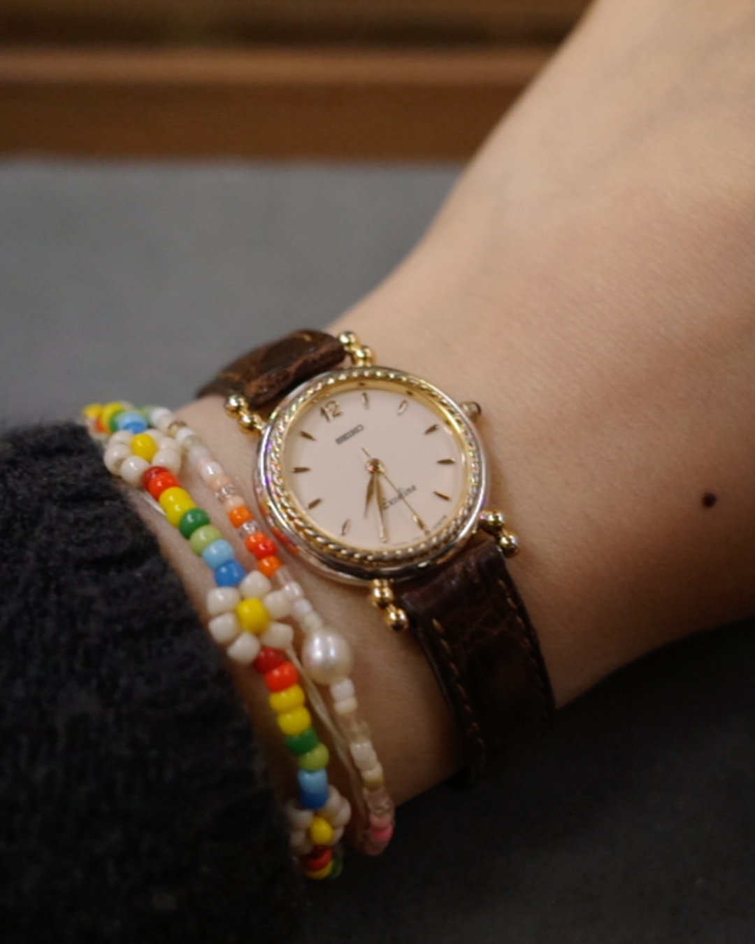 Vintage Seiko Exceline gold-tone round Dial Quartz Watch, Wheat Ear Pattern